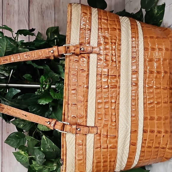 Brahmin Mini Asher Whiskey Stripe Raffia Tan and Cream Leather Tote Bag - Picture 6 of 14